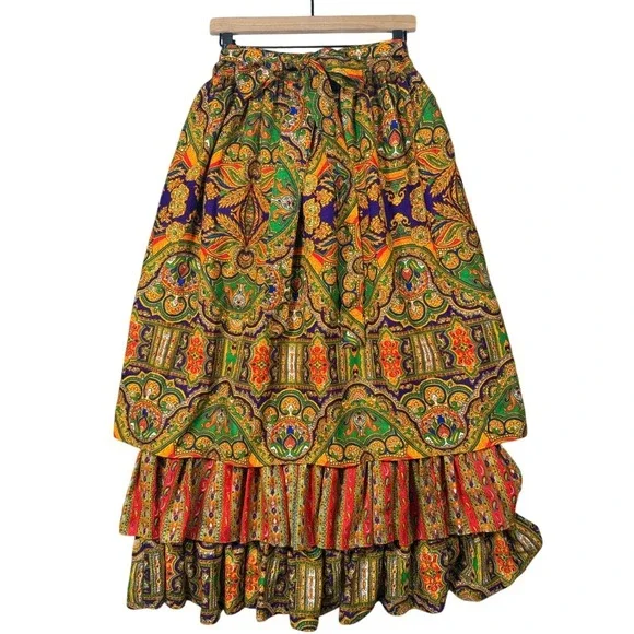 Vintage 70s Magnin Paisley Tiered Maxi Skirt Boho Peasant Prairie Cottagecore - Picture 1 of 3